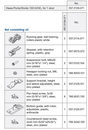 HAWA 057.3139.071 Porta/Divido 100 H, sada kování do 100kg