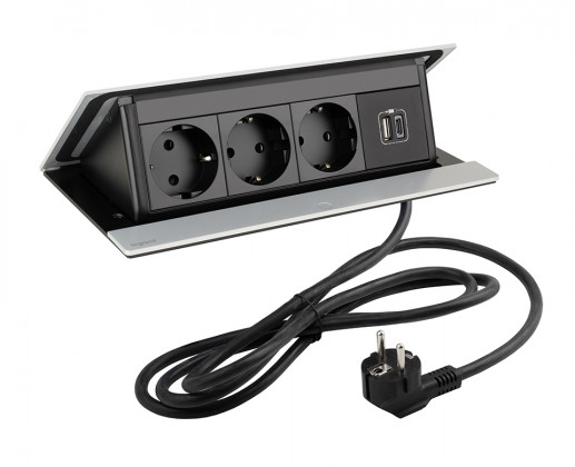 LEGRAND elektrická zásuvka PopUp, 3x 230V, Schuko, 1x USB A+C, eloxovaný hliník