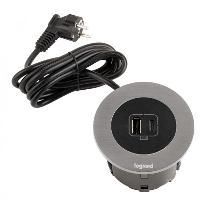 LEGRAND elektrická zásuvka Disq60 1x USB A+C nabíječka + 2m kabel, černá/hliník