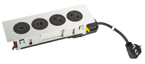 K- LEGRAND elektrická zásuvka Disq´In 2x 230V FR + 1x USB A+C, HDMI, černá/nerez