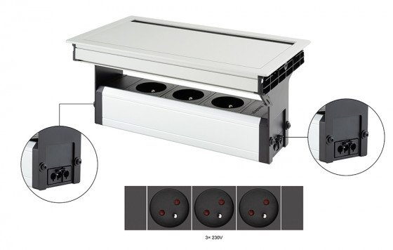 VersaFlap Mono 2.0 elektrická zásuvka 3x 230V, Francouzská, eloxovaný hliník