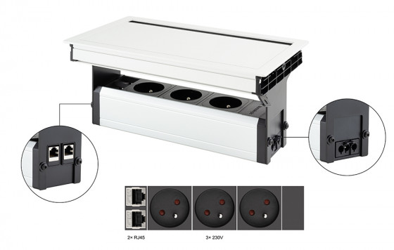 VersaFlap Mono 2.0 elektrická zásuvka 3x 230V, Francouzská, RJ45, bílá matná