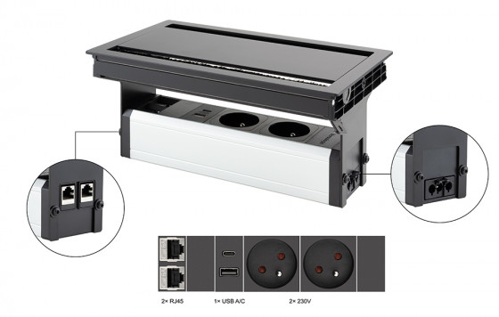 VersaFlap dual 2.0 elektrická zásuvka 2x 230V, FR, RJ45, USB A/C, černá