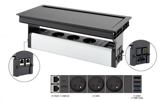 VersaFlap Mono 2.0 elektrická zásuvka 3x 230V, FR RJ45 HDMI USB A/C + data černá