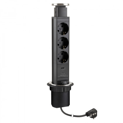 StrongPower Elektrická zásuvka vytahovací, 3x 230V Schuko, USB A+C, černá