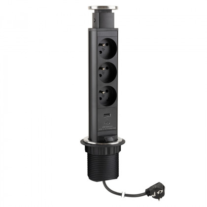 StrongPower Elektrická zásuvka vytahovací, 3x 230V Francouzská, USB A+C, černá