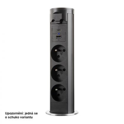 StrongPower elektricky výsuvná zásuvka 3x 230V Schuko, USB A+C, černá