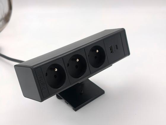 StrongPower elektrická zásuvka DeskUp, 3x Francouzská, USB, černá