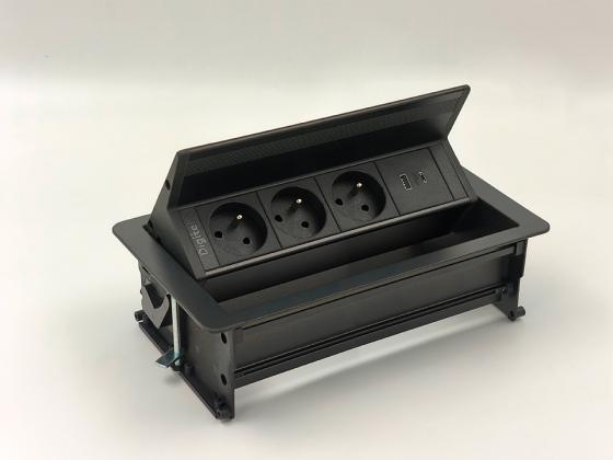 StrongPower elektrická zásuvka FlipUpPush, USB, 3x Francouszká, černá