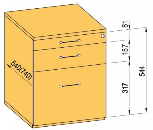 K-BBP kontejner 740mm typ 5/V 1 zásuvka kov částečný výsuv dotah