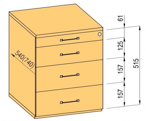 K-BBP kontejner 740mm typ 2/V 3 zásuvka kov celovýsuv dotah