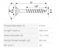 SPAX vrut 8x260/80mm zápustná hlava TXS,W,4C MH částečný závit