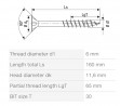 SPAX vrut 6x160/65 zápustná hlava TXS,W,4C MH, částečný závit