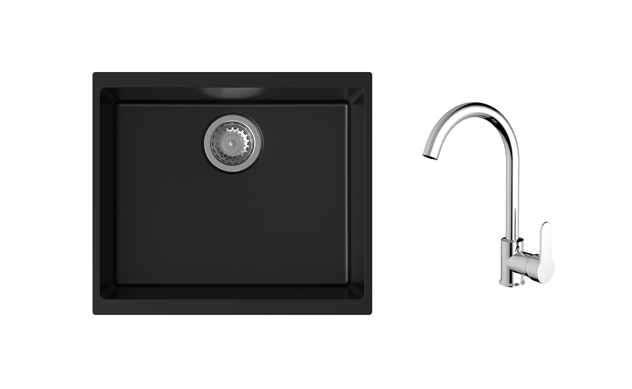 K-StrongSinks S3 Set dřez Hron 530x460mm granit černá + Baterie Seina chrom